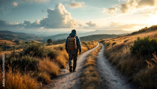 Peregrinos haciendo el Camino de Santiago. Excursionistas en un día soleado