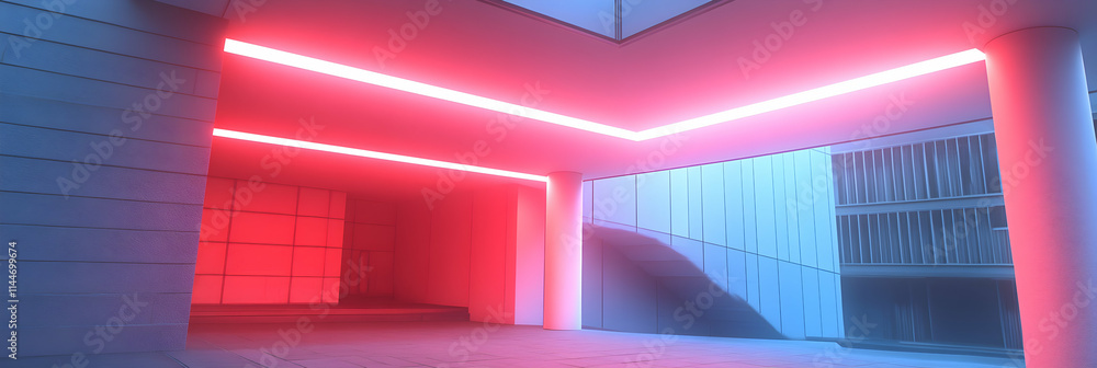 Obraz premium Neon-lit Passageway, Architectural Design with Vibrant Pink and Blue Hues Illuminating Modern Structure, Creating a Futuristic Ambiance.