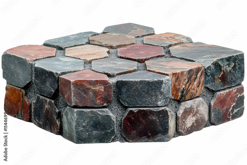 Hexagonal Stone Mosaic, Colorful Pebbles Arranged in a Geometric Pattern for Decorative Use. Ideal for Pathways, Walls, or Artistic Installations. Hexagonal Stone Mosaic, Colorful Pebbles Arranged in a Geometric Pattern for Decorative Use. Ideal for Pathways, Walls, or Artistic Installations.