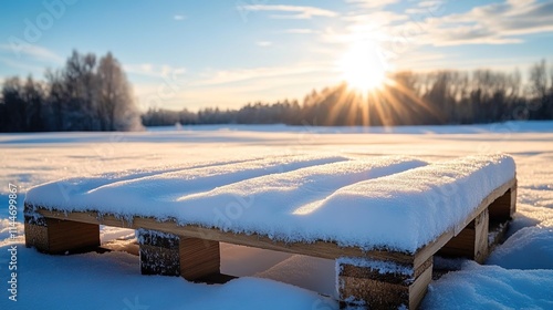 Wallpaper Mural A wooden pallet covered in snow, with the sun shining brightly behind it.  Torontodigital.ca
