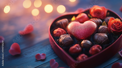 Romantic Heart-Shaped Box of Chocolates Surrounded by Beautiful Roses for a Special Occasion