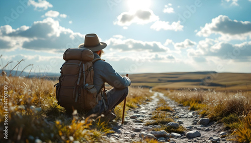 Peregrino haciendo el Camino de Santiago y descansando en el camino, en medio del campo