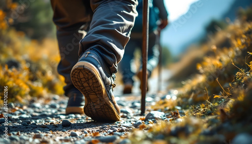 Peregrinos haciendo el Camino de Santiago. Excursionistas en un día soleado