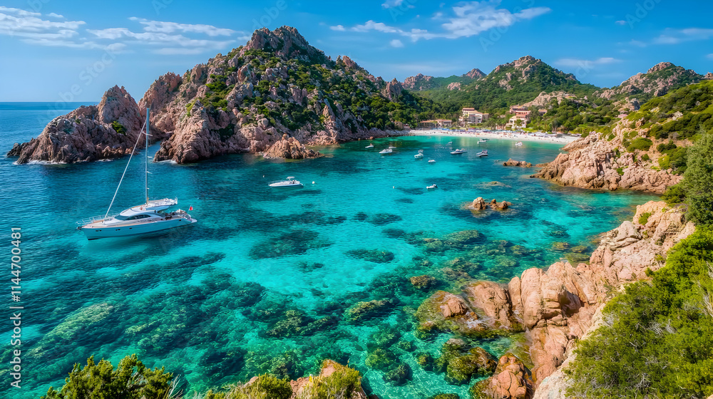 Fototapeta premium Mediterranean Coastal Paradise, Turquoise Waters, Secluded Beach, and Sailing Vessels Enjoying the Calm Sunny Day