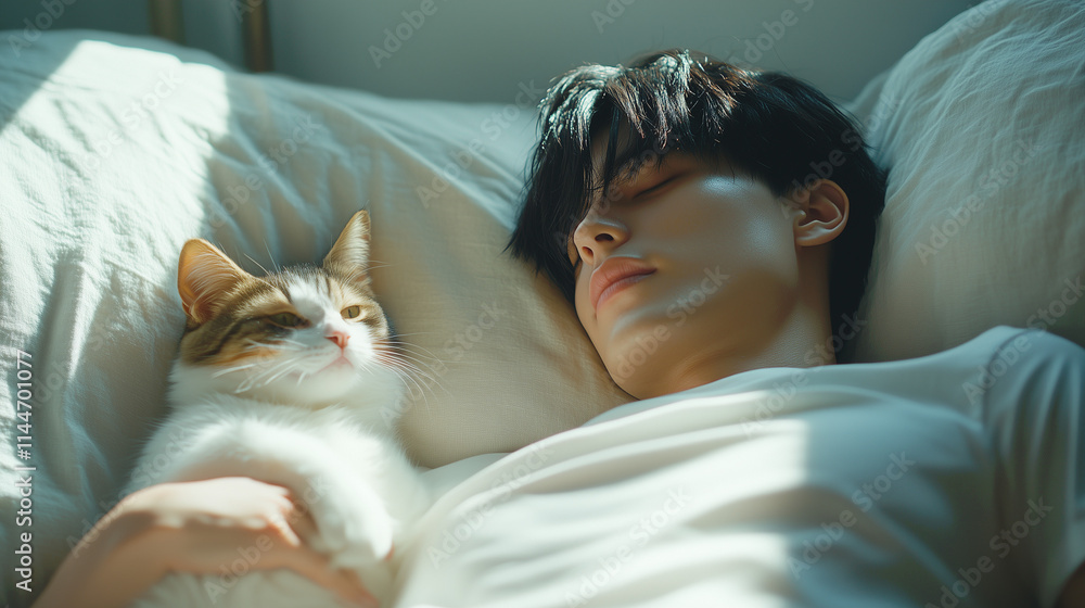 Peaceful young man sleeping with a fluffy white and brown cat on his chest in a cozy, sunlit room, ideal for relaxation, pet care, and peaceful living themes. Peaceful young man sleeping with a fluffy white and brown cat on his chest in a cozy, sunlit room, ideal for relaxation, pet care, and peaceful living themes.