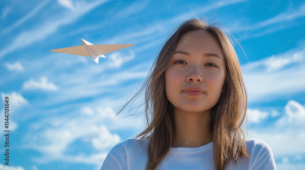 A flying paper airplane: Girl against a blue sky with a paper airplane soaring through the air A flying paper airplane: Girl against a blue sky with a paper airplane soaring through the air