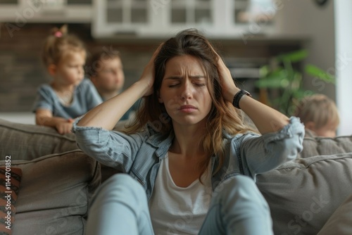 Single mother overwhelmed by noisy kids  babysitter exhausted. photo