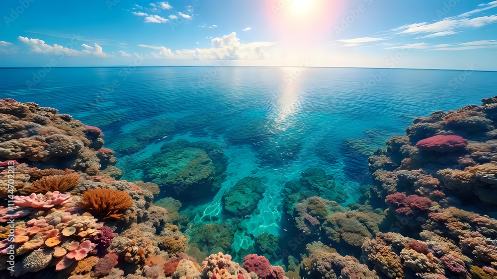 a tranquil split-level view reveals a vibrant coral reef with lush islands dotting the horizon under a bright blue sky. Ai Generated. a tranquil split-level view reveals a vibrant coral reef with lush islands dotting the horizon under a bright blue sky. Ai Generated.