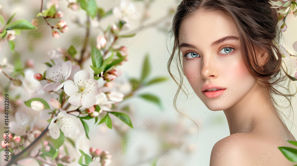 Young Woman Portrait Surrounded by Beautiful Cherry Blossoms Young Woman Portrait Surrounded by Beautiful Cherry Blossoms