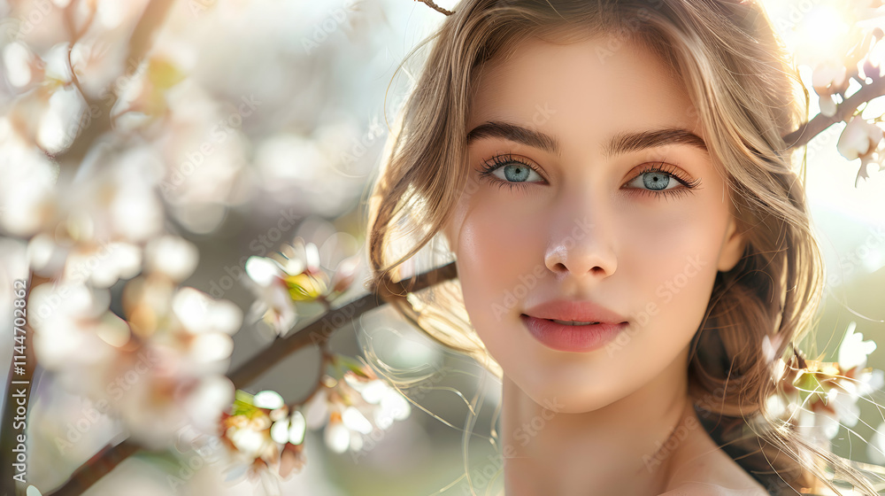 Young Woman with Beautiful Eyes Surrounded by Cherry Blossoms Young Woman with Beautiful Eyes Surrounded by Cherry Blossoms