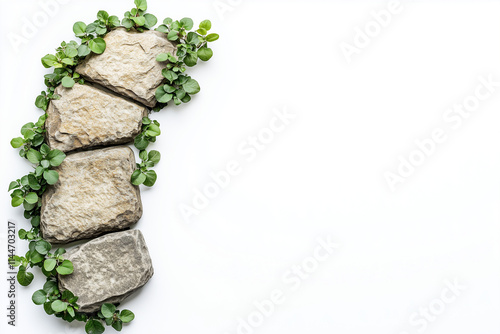 Landscape view of rock path isolated on white background, Selective focus stone slab foot path on white. photo