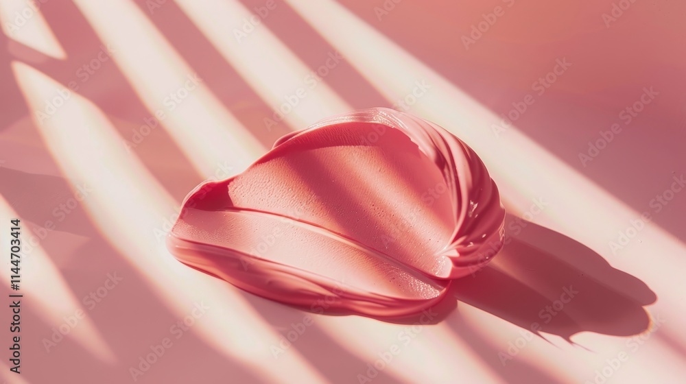 Elegant minimalist swatch of pink lip cream showcasing mousse texture on soft light surface Elegant minimalist swatch of pink lip cream showcasing mousse texture on soft light surface