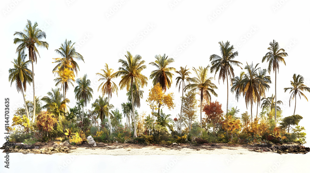 Fototapeta premium Tropical Island Scene, Lush Palm Trees and Autumnal Foliage on Sandy Shore