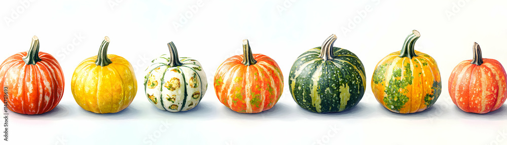 Autumn Gourds in a Row, Vibrantly Colored Pumpkins Arranged Neatly on White Background, Displaying Seasonal Harvest Abundance.