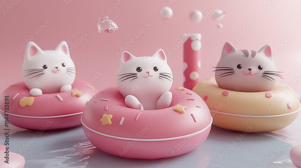 Three adorable cartoon cats float on donut-shaped inner tubes. Three adorable cartoon cats float on donut-shaped inner tubes.
