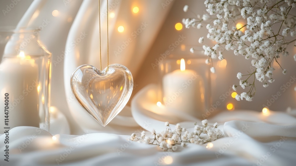Serene winter wonderland with heart-shaped ornaments Serene winter wonderland with heart-shaped ornaments