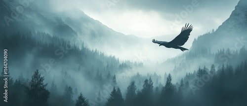 Majestic eagle soaring over misty mountain valley at dawn with dense forests and rocky cliffs in the background