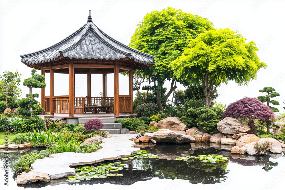 Fototapeta premium Landscape view of pavilion in backyard garden with fish pond isolated on white background, Selective focus pavilion and fish pond, Garden designing with walk path and tiny plant.