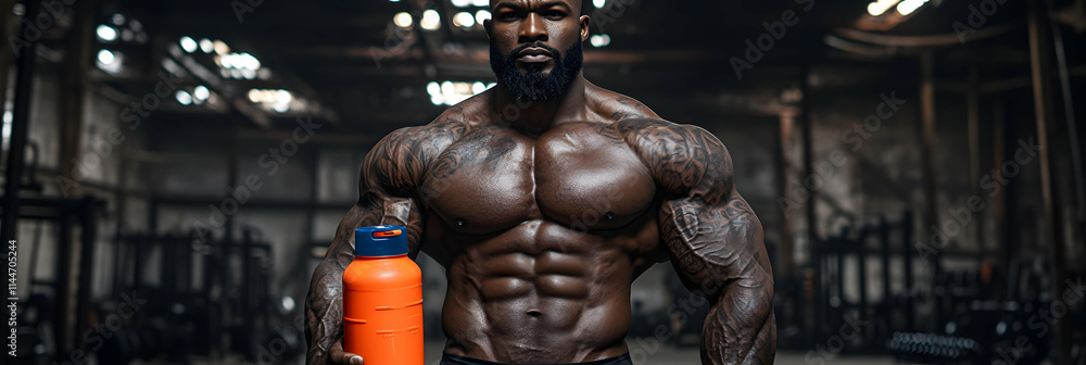 Muscular Man with Tattoos Holds Protein Shaker in Gym Muscular Man with Tattoos Holds Protein Shaker in Gym