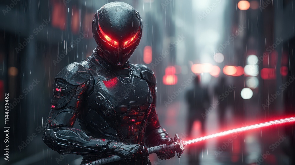 Futuristic warrior with red lightsaber in rainy city. Futuristic warrior with red lightsaber in rainy city.