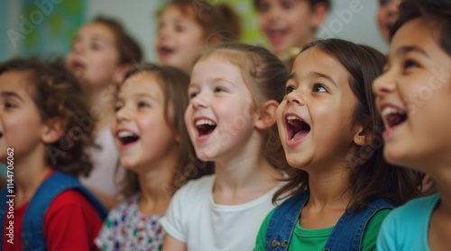 group of children enthusiastically singing together in a classroom