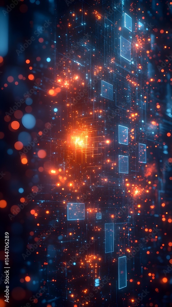 Obraz premium Ethereal digital realm with holographic elements floating data streams and abstract geometric structures evocative of advanced computational processes and breakthroughs