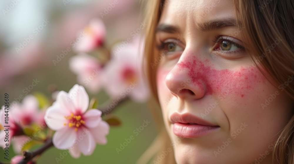 close-up of a woman face showing signs of a pollen allergy, with redness around the eyes and nose close-up of a woman face showing signs of a pollen allergy, with redness around the eyes and nose