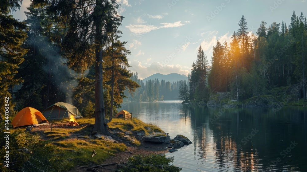 Naklejka premium Cozy campsite by a serene lake surrounded by tall pines and a crackling campfire at dusk
