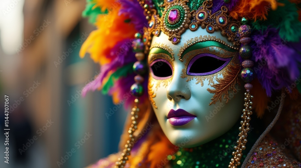 vibrant Mardi Gras mask adorned with feathers, beads, and sequins vibrant Mardi Gras mask adorned with feathers, beads, and sequins
