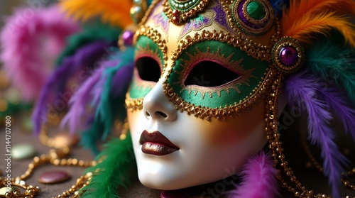 vibrant Mardi Gras mask adorned with feathers, beads, and sequins