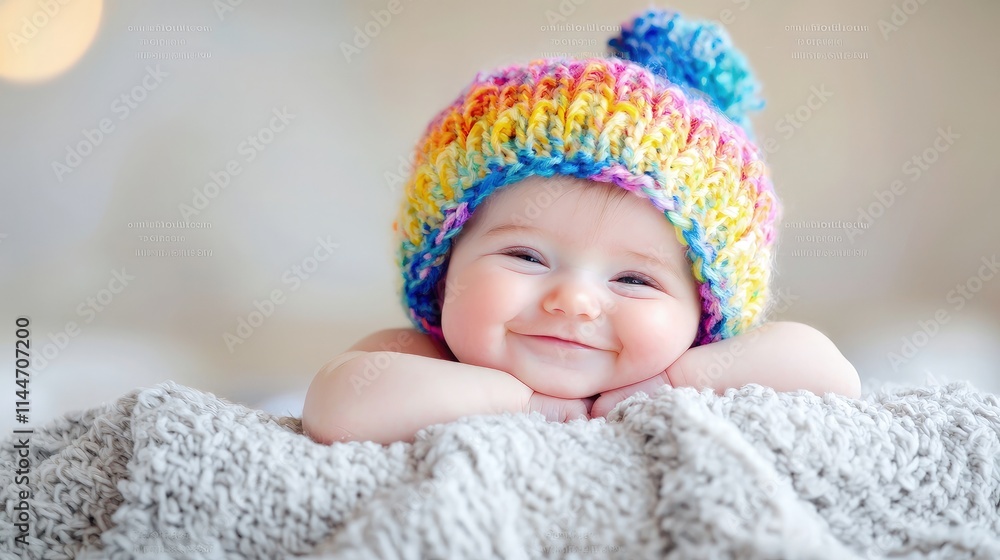 Happy baby girl in rainbow knitted hat. Happy baby girl in rainbow knitted hat.