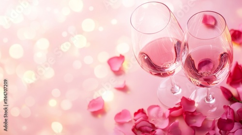 Romantic Setup with Two Glasses of Rosé Wine and Rose Petals