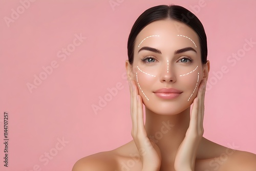 Woman with perfect skin after cosmetic treatment with lifting arrows on her face on light pink  background. Rhytidectomy procedure, facelift surgery, anti age treatment photo