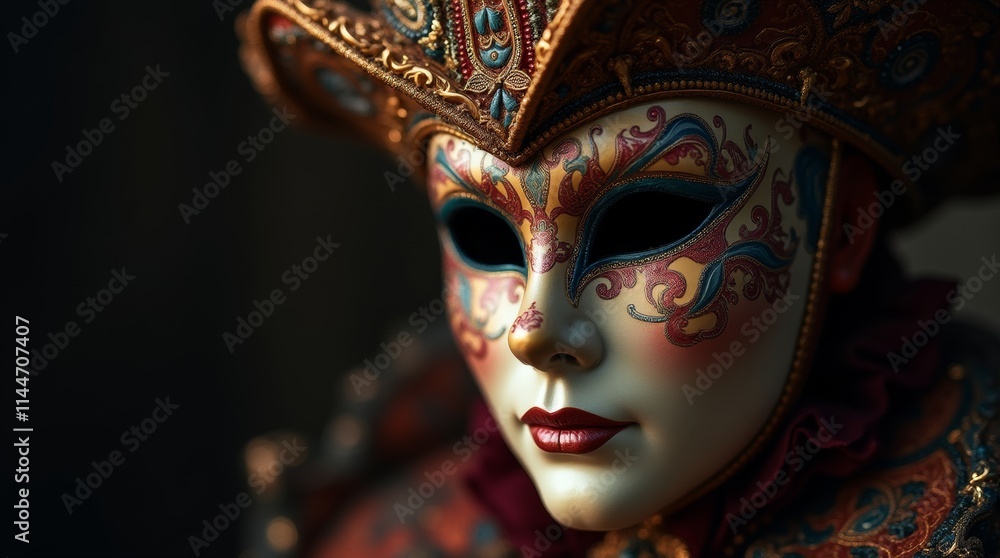 close-up of an ornate Venetian mask with intricate patterns and vibrant colors close-up of an ornate Venetian mask with intricate patterns and vibrant colors