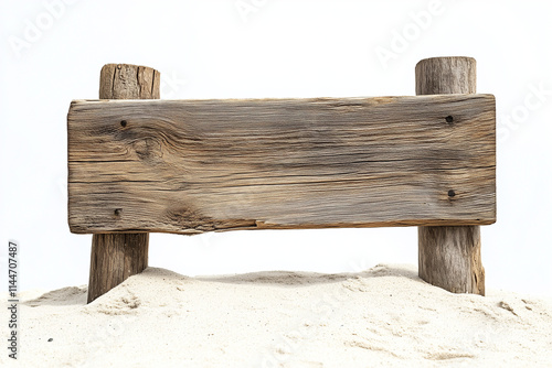 Selective focus wooden sign board on the beach isolated on white background, Old wooden sign pole on the beach.
