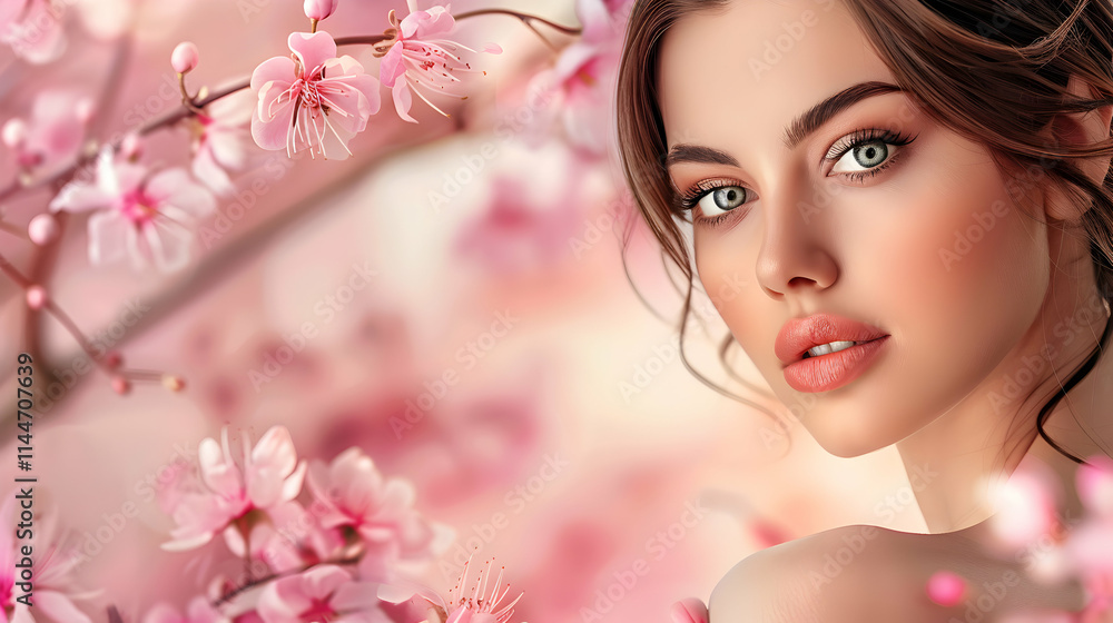 Young Woman with Beautiful Face Surrounded by Cherry Blossoms Young Woman with Beautiful Face Surrounded by Cherry Blossoms