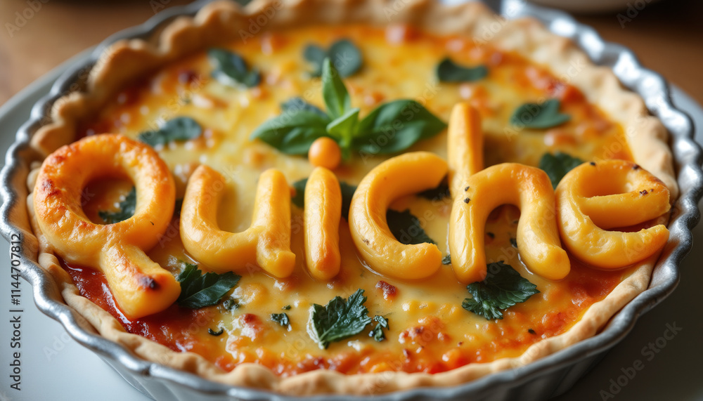 The word Quiche spelled out using quiche slices. The word Quiche spelled out using quiche slices.