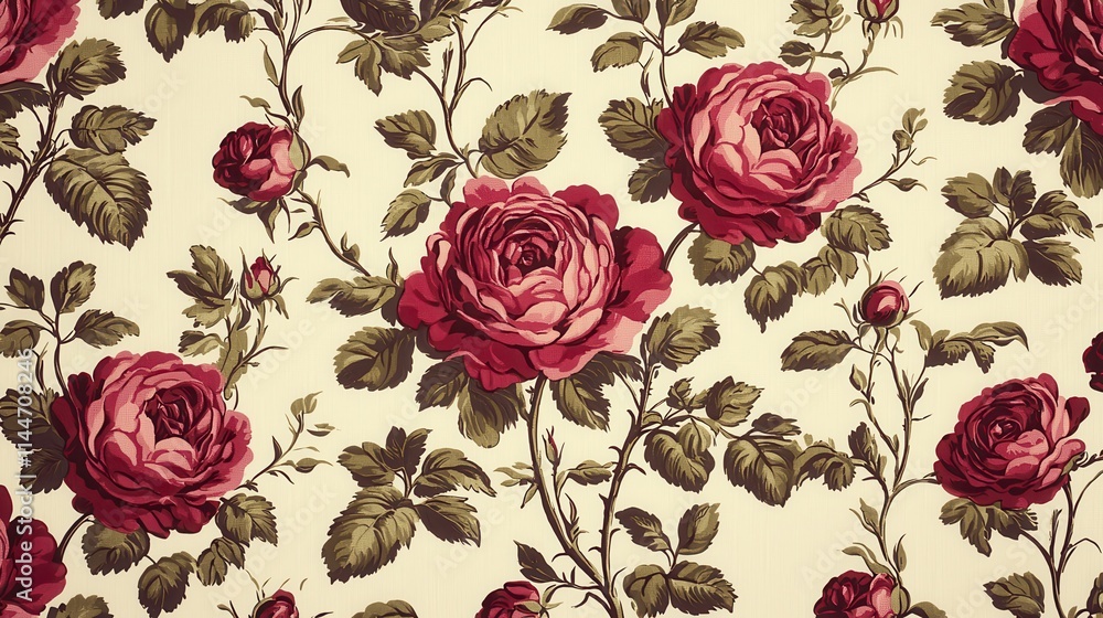 Naklejka premium Vintage Floral Pattern with Vibrant Roses and Green Leaves on Light Background