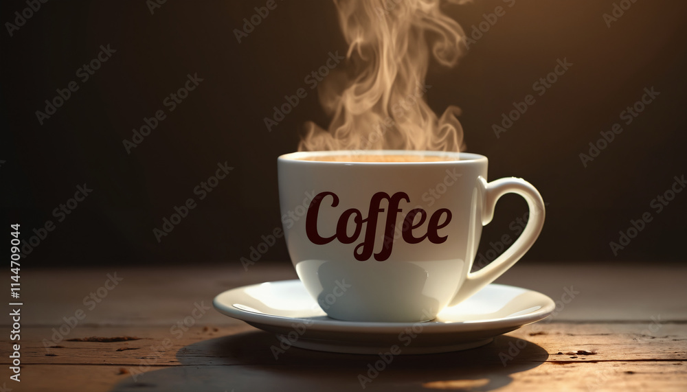 The word Coffee written in steam rising from a coffee mug. The word Coffee written in steam rising from a coffee mug.