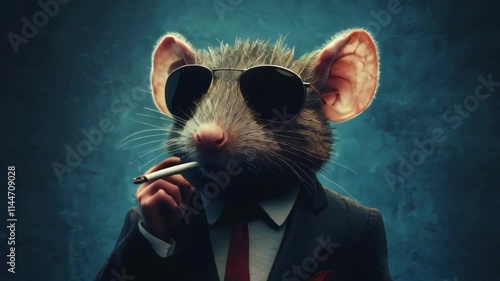 A stylized image of a rat wearing sunglasses and a suit, smoking a cigarette. A unique and edgy image suitable for film noir, gangster, or humorous projects.. AI Generation