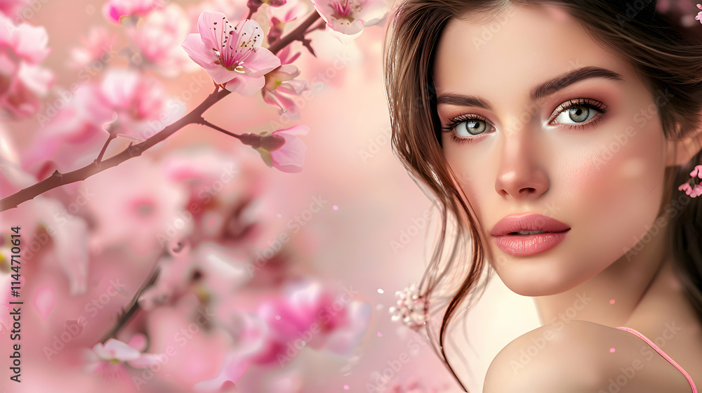 Young Woman Posing Gracefully Among Cherry Blossom Flowers Young Woman Posing Gracefully Among Cherry Blossom Flowers