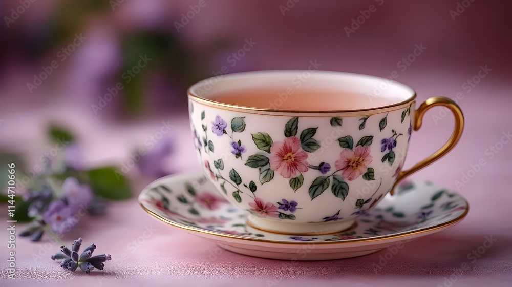 A white cup with a floral design sits on a saucer A white cup with a floral design sits on a saucer