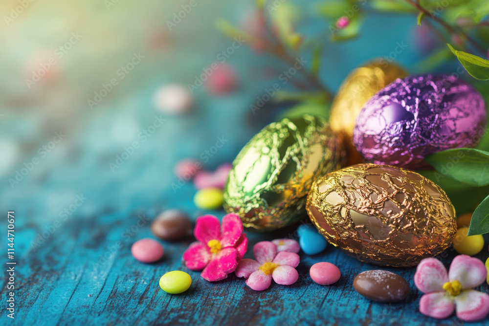 Whimsical Easter Composition: Chocolate Eggs in Colorful Foil with Candy Flowers on a Wooden Surface, Pastel Background. Generative AI tools Whimsical Easter Composition: Chocolate Eggs in Colorful Foil with Candy Flowers on a Wooden Surface, Pastel Background. Generative AI tools