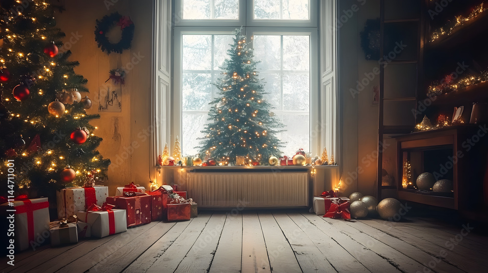 Christmas scene with tree and decorations, lights, balls, gifts in living room and window in center Christmas scene with tree and decorations, lights, balls, gifts in living room and window in center