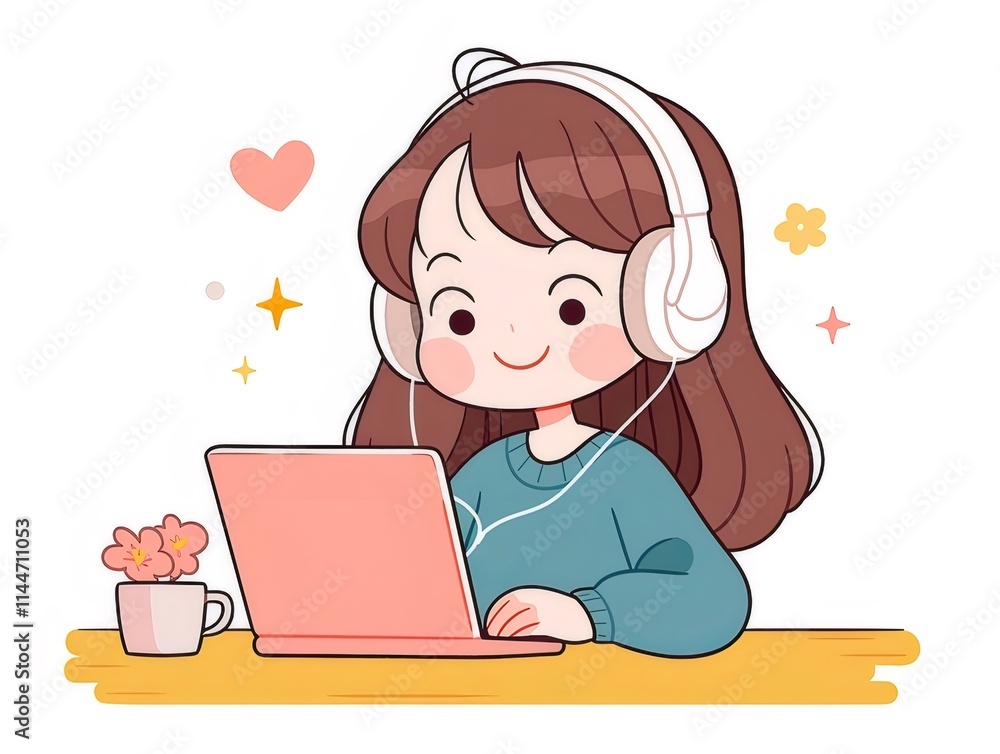 Happy girl using laptop with headphones. Happy girl using laptop with headphones.