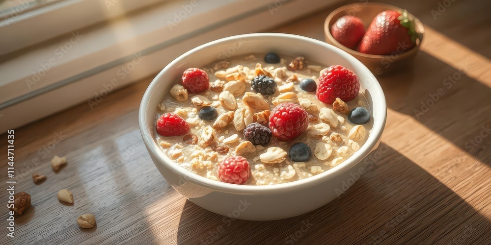Vibrant bowl of oatmeal with berries and nuts, sunlight streaming in, nutrition, vibrant colors Vibrant bowl of oatmeal with berries and nuts, sunlight streaming in, nutrition, vibrant colors