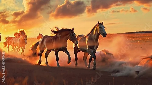 A herd of white horses running freely through a sunlit meadow, kicking up golden dust under the warm hues of sunset photo