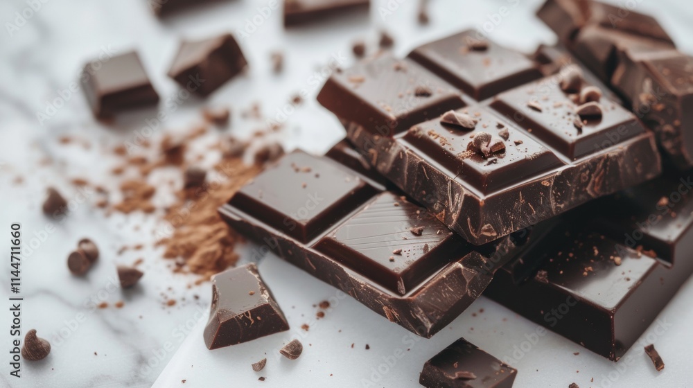Dark chocolate pieces broken on a white surface with crumbs Dark chocolate pieces broken on a white surface with crumbs