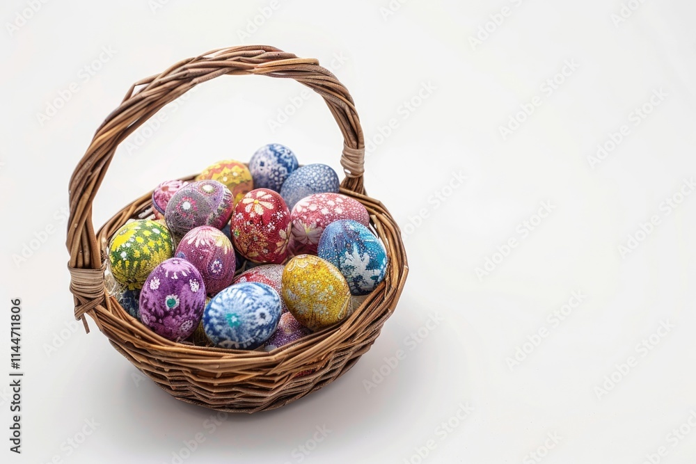 Colorful handmade easter eggs in the basket isolated on a white background Colorful handmade easter eggs in the basket isolated on a white background