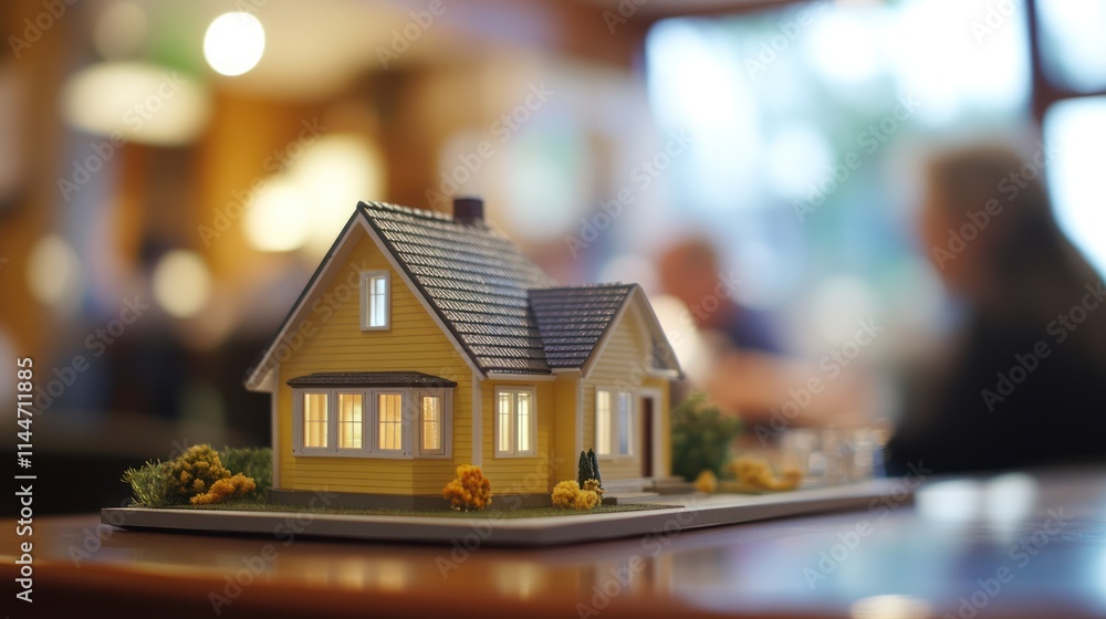 Illuminated yellow house model on table, blurred background. Illuminated yellow house model on table, blurred background.